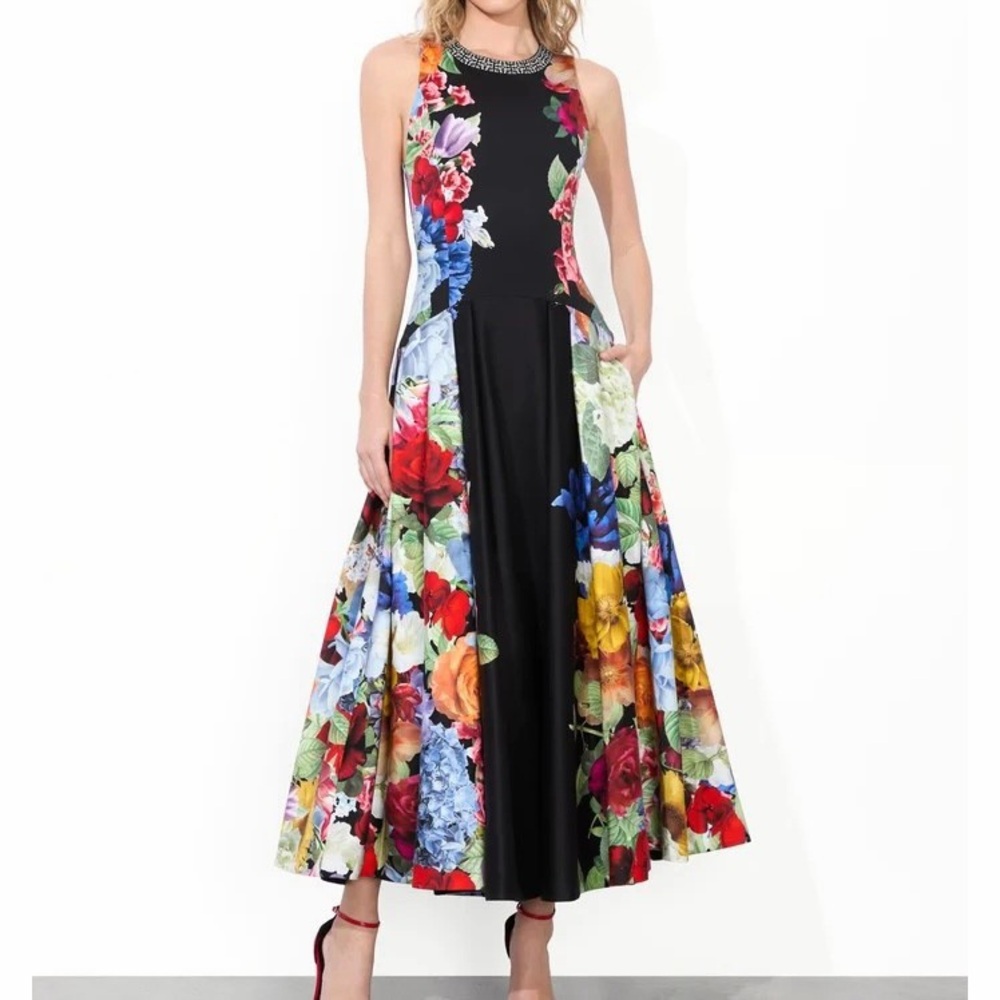 Alice + Olivia Adley Drop Waist Midi Dress Garden Brunch Black Floral Colorful 4 - Picture 1 of 16